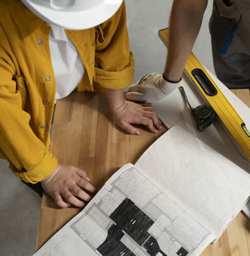 Entrepreneurs en construction examinant un plan de rénovation et d’agrandissement