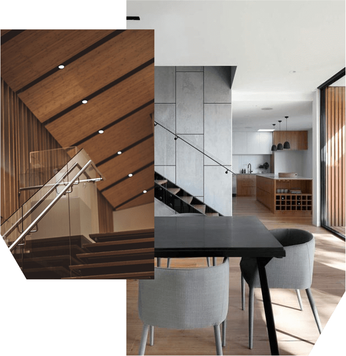 Rénovation intérieure avec escalier en bois et cuisine moderne réalisée par un entrepreneur en construction