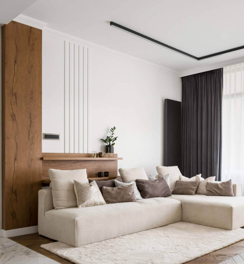 Salon moderne rénové avec décoration contemporaine et mobilier design